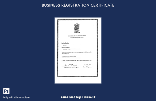 modello di certificato di registrazione della Nuova Scozia in stile verificato